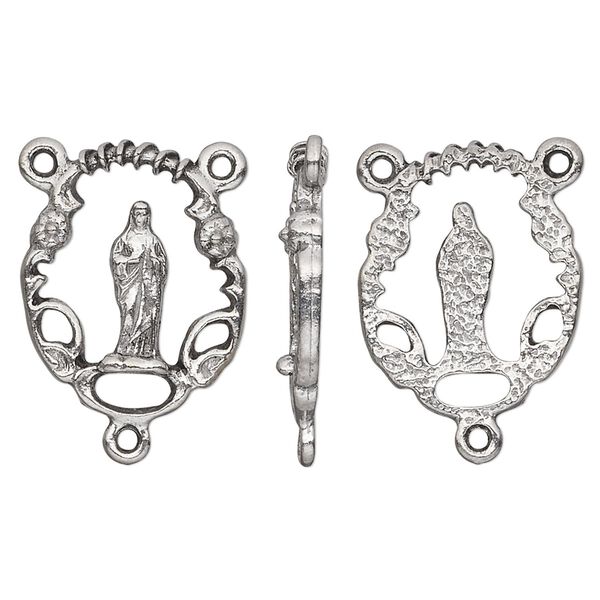 Connector, pewter (tin-based alloy), pkg/1, antiqued silver, 20x16mm open rosary oval with Virgin Mary. image number 0