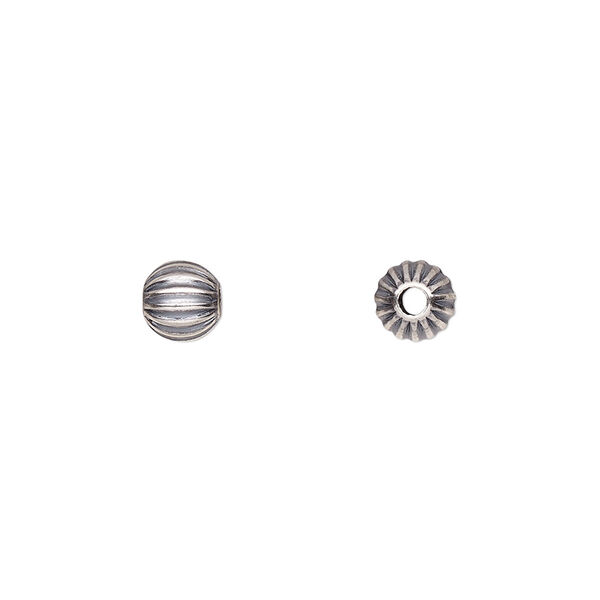 Bead, antiqued sterling silver, 6mm seamless corrugated round. Sold per pkg of 2. image number 0