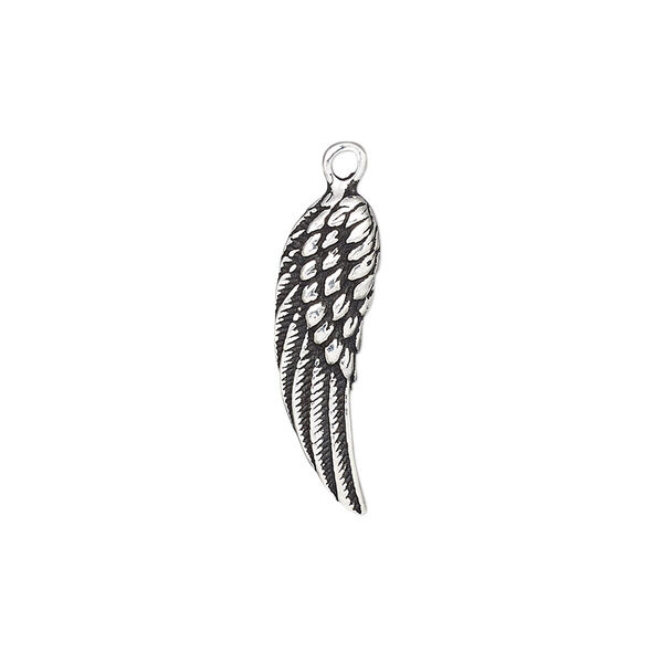 Charm, antiqued sterling silver, 22x7mm single-sided wing. Sold individually. image number 0