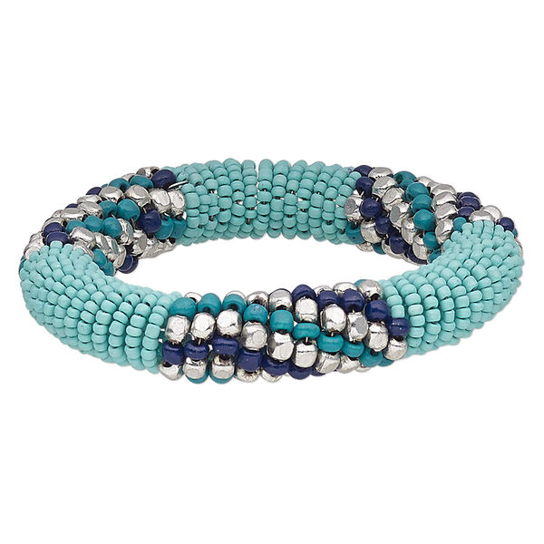 Bracelet, glass / steel memory wire / silver-plated steel, aqua blue / dark blue / turquoise blue, 15mm wide, 7-inch adjustable. Sold individually. image number 0