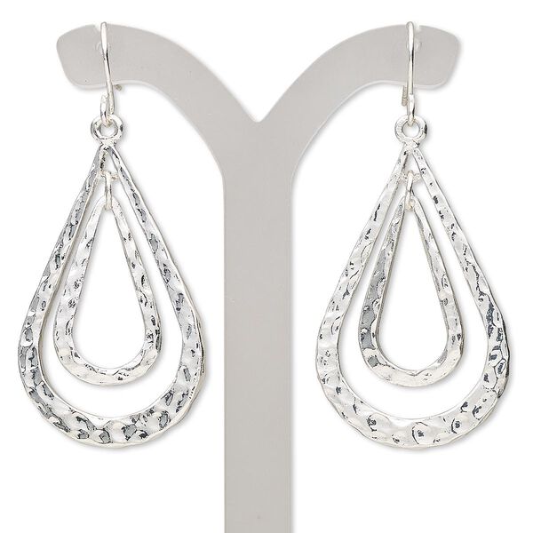 Earring, silver-finished steel and "pewter" (zinc-based alloy), 2 inches with double teardrop and fishhook ear wire. Sold per pair. image number 0
