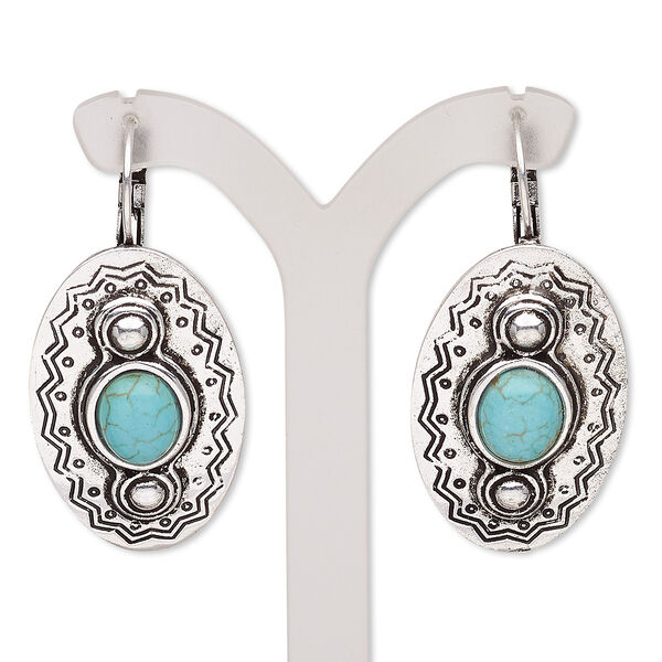 Earring, magnesite (dyed / stabilized) with antique silver-plated brass and "pewter" (zinc-based alloy), blue, 45mm with oval and leverback ear wire. Sold per pair. image number 0