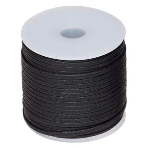 Cord, waxed cotton, black, 2mm flat. Sold per 25-meter spool.