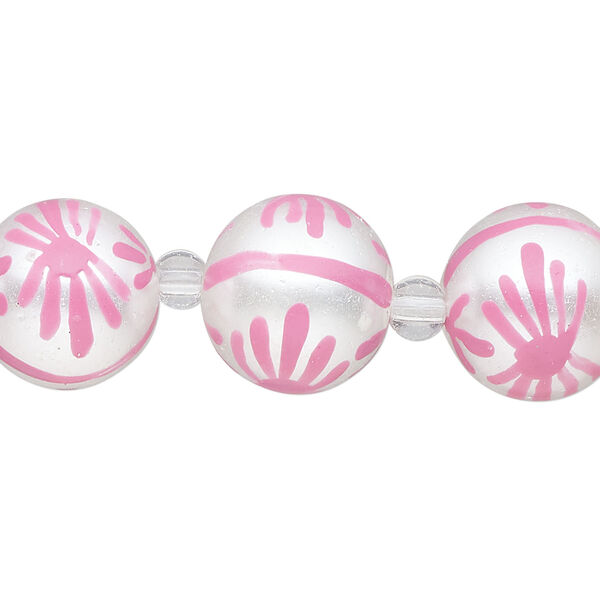 Bead, glass 1pkg8, opaque white and pink, 14mm hand-painted round. image number 0