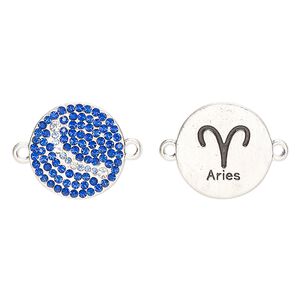 Link, "pewter" (zinc-based alloy)/enamel/cubic zirconia, pkg/1, antique silver finish and mixed colors, 20mm round 2-sided with "Aries" and zodiac symbol.