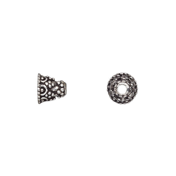 Cone, antique silver-plated brass, 8x7mm beaded, 4mm hole. Sold per pkg of 12. image number 0
