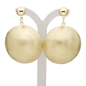 Earring, stainless steel with gold-finished brass and steel, 46mm with scratched domed round and post. Sold per pair.