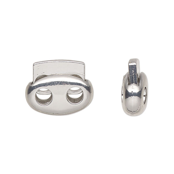 Cord lock, imitation rhodium-plated plated "pewter" (zinc-based alloy) and steel, 17x14.5mm flat oval with (2) holes. Sold per pkg of 6. image number 0