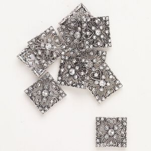 Bead spacer "pewter" zinc-based alloy and glass 10pk 19-20mm fancy square, antique silver finish clear fits up to 12.5mm beads