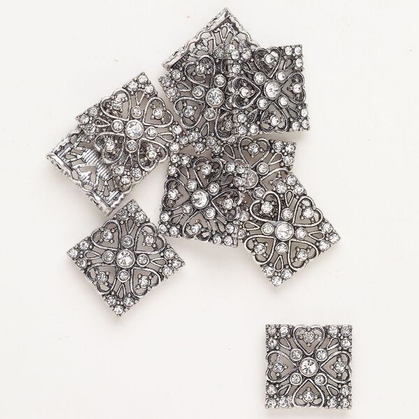 Bead spacer "pewter" zinc-based alloy and glass 10pk 19-20mm fancy square, antique silver finish clear fits up to 12.5mm beads image number 0