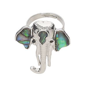 Ring 1pkg1 brass / paua shell / glass rhinestone, 33x28mm elephant head, natural silver finish / black