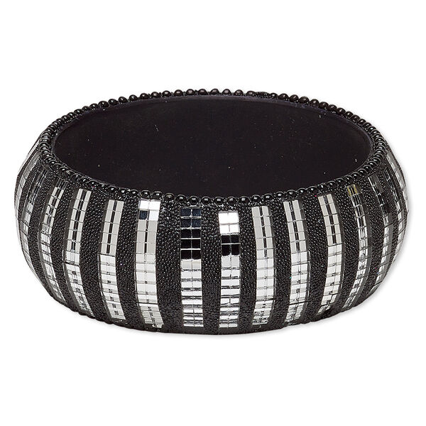 Bracelet, bangle, resin and glass, black, 31mm wide with mirrors, 7-1/2 inches. Sold individually. image number 0
