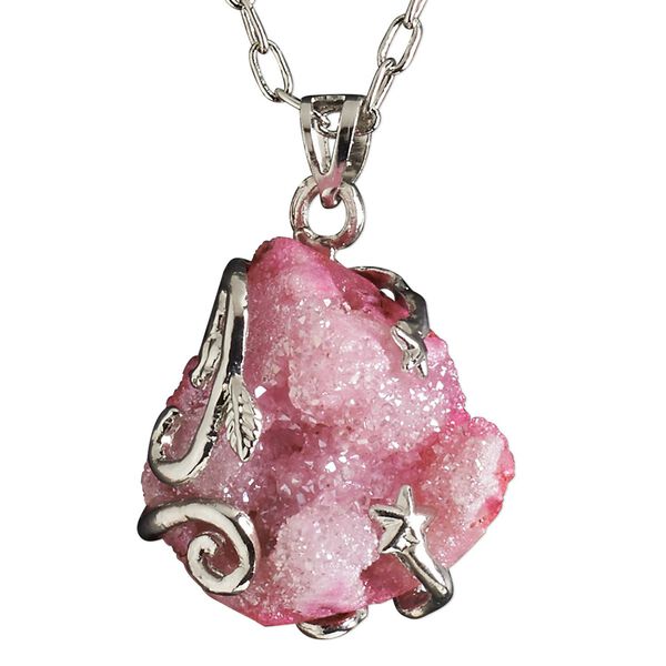 Necklace, electroplated druzy agate (coated) and imitation rhodium-plated brass, pink, 30x20mm-38x28mm hand-cut wire-wrapped freeform, 20 inches with 2-1/2 inch extender chain and lobster claw clasp. Sold individually. image number 0