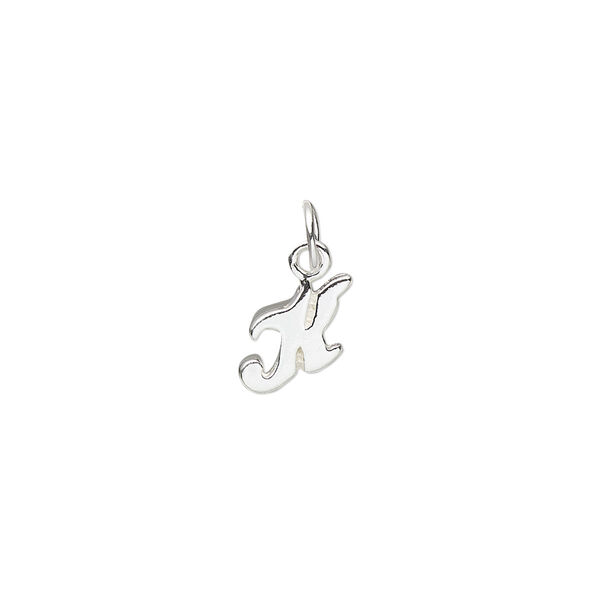 Charm, sterling silver, 10x7mm Champagne cursive alphabet letter "K." Sold individually. image number 0