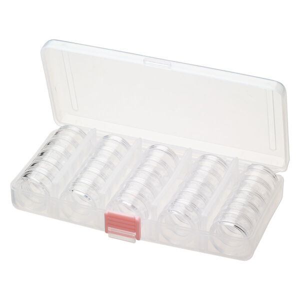 Organizer, plastic, clear and pink, 7-1/2 x 4 x 1-3/8 inch rectangle, (25) 1-1/8 x 5/8 inch stackable jars, 5 removable compartments, snap closure. Sold individually. image number 1