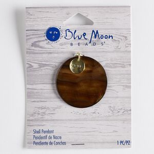 Focal, blister shell (dyed) with gold-finished steel and "pewter" (zinc-based alloy), brown, 10mm flat round with "HOPE" and 35mm flat round. Sold individually.