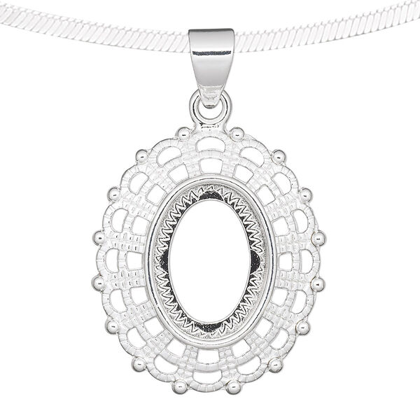 Pendant, silver-plated "pewter" (zinc-based alloy), 31.5x28mm fancy oval with 18x13mm oval setting. Sold per pkg of 4. image number 0