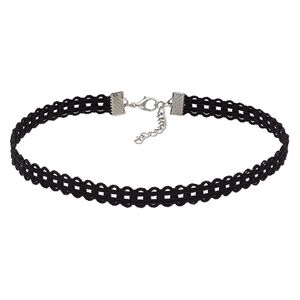 Necklace, choker, nylon and imitation rhodium-finished steel, black, 9mm wide, 12-1/2 inches with 2-inch extender chain and lobster claw clasp. Sold per pkg of 2.