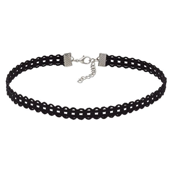 Necklace, choker, nylon and imitation rhodium-finished steel, black, 9mm wide, 12-1/2 inches with 2-inch extender chain and lobster claw clasp. Sold per pkg of 2. image number 0