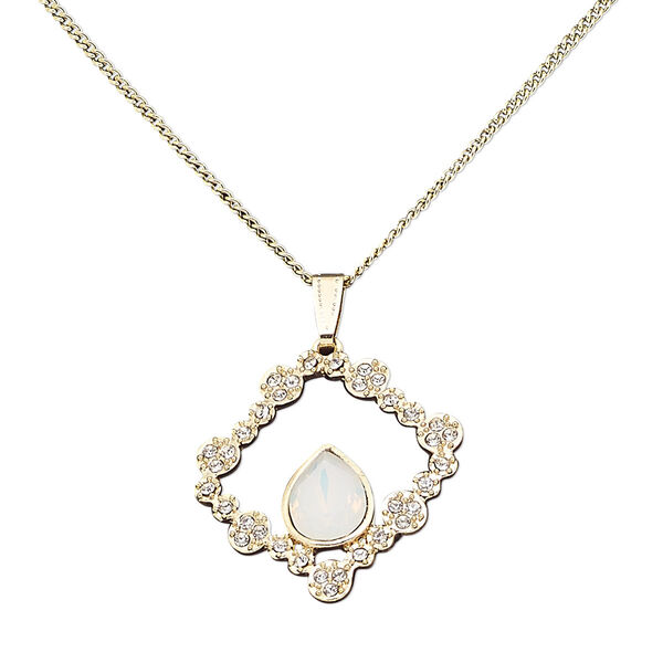 Necklace, glass rhinestone / sea "opal" glass / gold-finished steel / "pewter" (zinc-based alloy), clear, 36x36mm diamond, 16 inches with 2-inch extender chain and lobster claw clasp. Sold individually. image number 0
