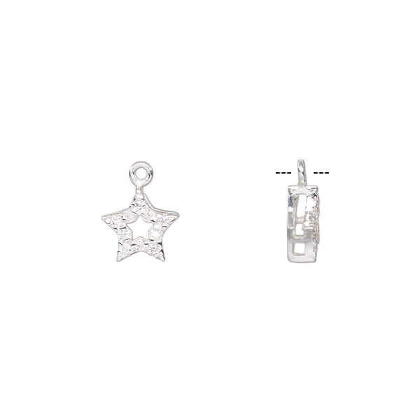 Charm, sterling silver and cubic zirconia, clear, 8mm single-sided open star. Sold individually. image number 0