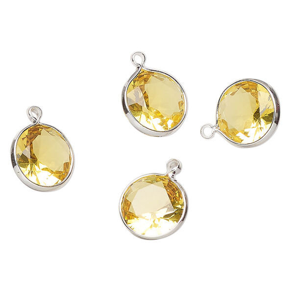 Drop, silver-finished brass, translucent topaz, 10mm faceted round with open back. Sold per pkg of 4. image number 0