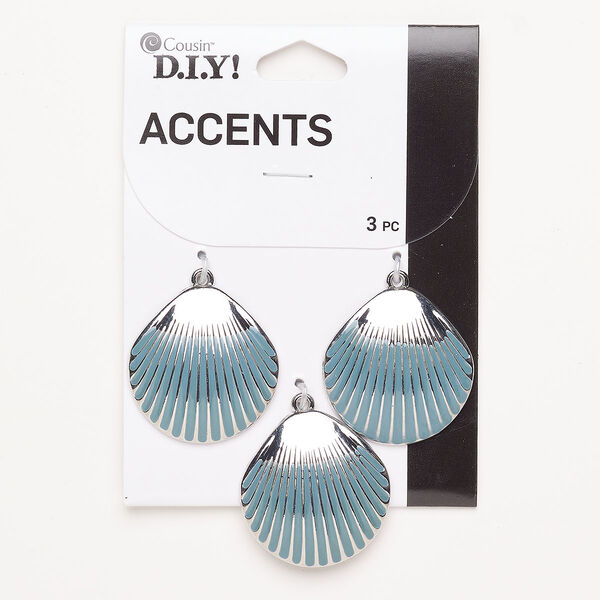 Focal brass enamel 3pk 31x30mm 2-sided shell, antique silver finish teal image number 0