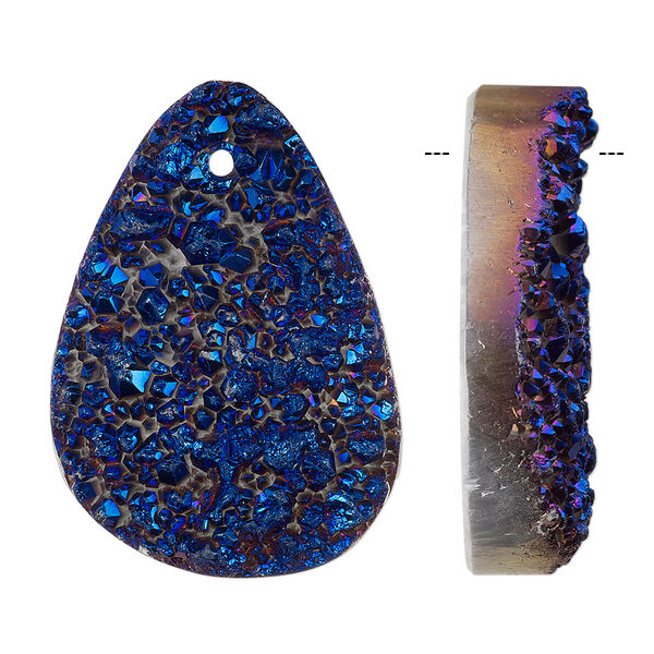 Focal, druzy agate (coated), metallic dark blue, 28x20mm-38x26mm hand-cut freeform, B grade, Mohs hardness 6-1/2 to 7. Sold individually. image number 0