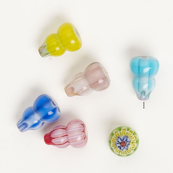 Bead, millefiori glass, translucent multicolored, 18x12mm-19x13mm half-drilled vase. Sold per pkg of 6. image number 0