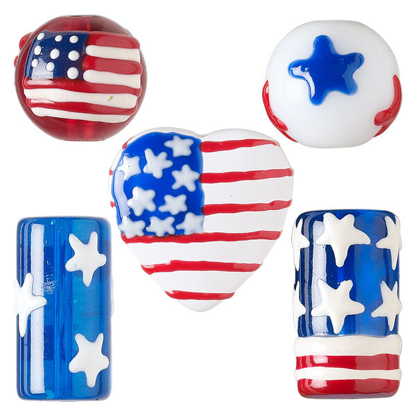 Bead mix, hand-painted glass and resin, opaque to transparent multicolored, 14mm round with star and flag design / 20x10mm round tube with star design / 20mm heart with American flag design. Sold per pkg of 5. image number 0