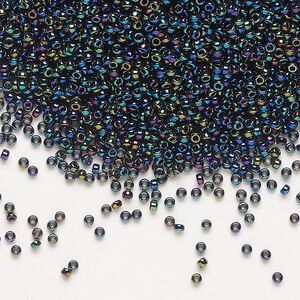 Seed bead, Miyuki, glass, pkg/250g, #15 rocaille, opaque rainbow black (RR-455).