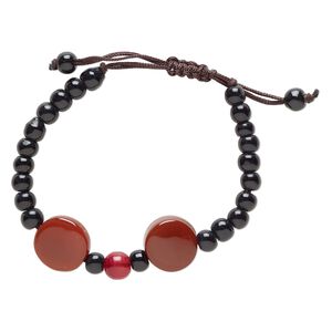 Red agate / glass / waxed cotton 1pkg1, puffed flat round bracelet adjustable 5-7.5 inch 8mm