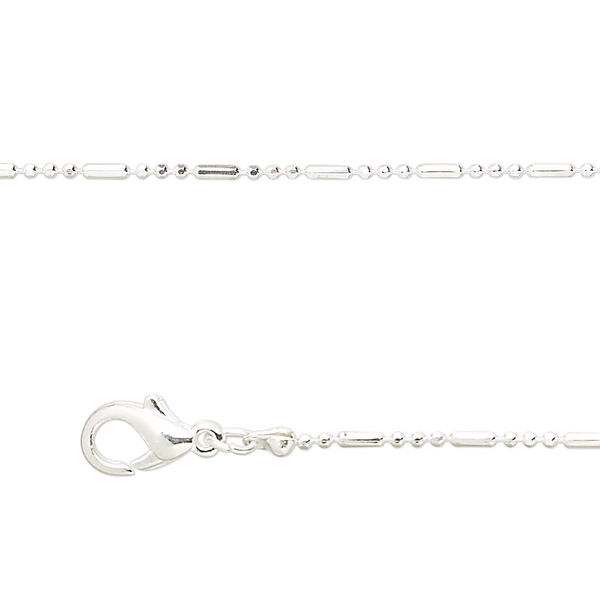 Chain, silver-plated brass, 1mm 3+1 bead, 18 inches with 1-inch extender chain and lobster claw clasp. Sold per pkg of 4. image number 0