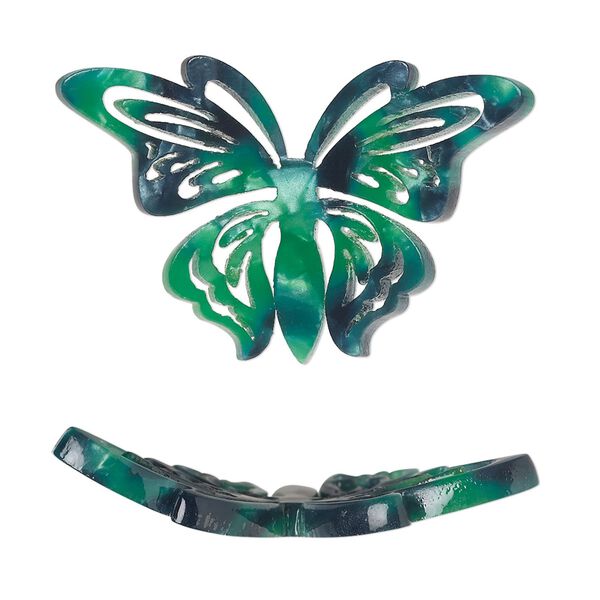 Focal, resin, green and dark green, 35x22mm curved butterfly with cutouts. Sold per pkg of 4. image number 0