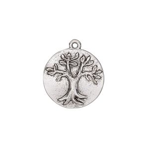 Drop, antique silver-plated pewter (tin-based alloy), 19.5mm single-sided round with tree of life. Sold individually.