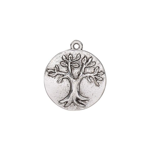 Drop, antique silver-plated pewter (tin-based alloy), 19.5mm single-sided round with tree of life. Sold individually. image number 0