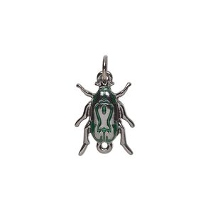 Link, gunmetal-finished "pewter" (zinc-based alloy), green, 15.5x12mm beetle. Sold individually.