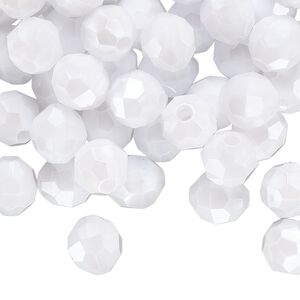 Bead, acrylic, opaque white pearl, 8mm faceted round. Sold per 100-gram pkg