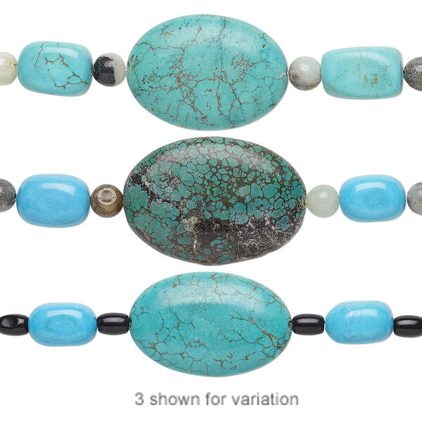 Bead mix, "turquoise" (imitation) resin / multi-gemstone (natural / dyed / heated / irradiated) / glass, blue / blue-green / forest green, 6mm-34x24mm mixed shape. Sold per pkg of 7. image number 0