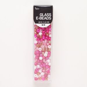 Seed bead mix, glass, pkg/40g, #6 round, opaque and translucent pink, white and dark pink.