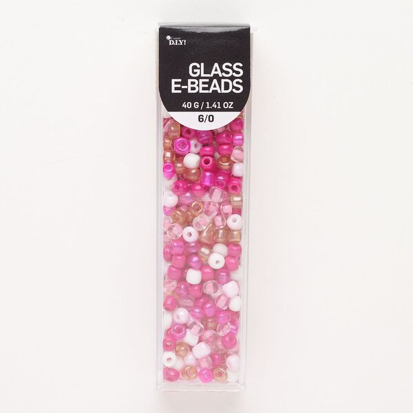 Seed bead mix, glass, pkg/40g, #6 round, opaque and translucent pink, white and dark pink. image number 0