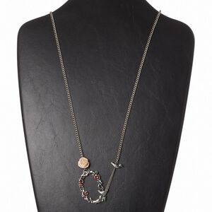 Necklace, resin / Czech glass rhinestone / enamel / steel / antiqued silver-finished "pewter" ( zinc-based alloy) and steel, red / green / cream, 44x36mm oval with vine and bird design, 28 inches with 2-inch extender chain with lobster claw clasp. Sold individually.