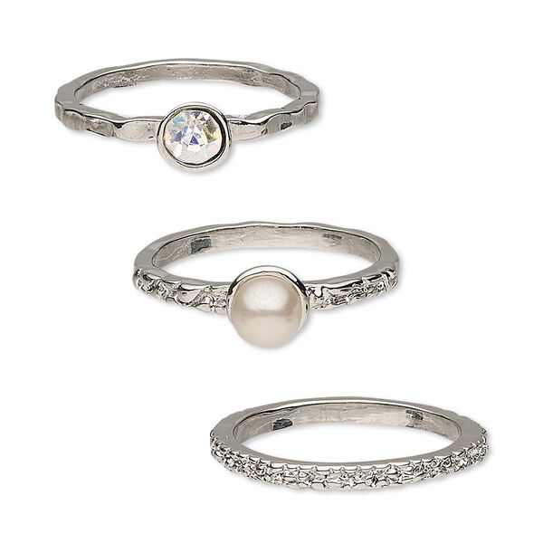 Ring, glass rhinestone / glass pearl / rhodium-finished "pewter" (zinc-based alloy), clear AB and mauve, 2mm wide with 4mm faceted round / 2mm wide textured / 2mm wide textured with 6mm round, size 8. Sold per 3-piece set. image number 0