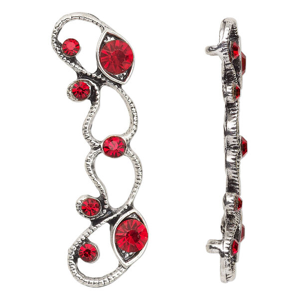 Spacer, antiqued silver-finished "pewter" (zinc-based alloy) and Czech glass rhinestone, light Siam, 45x13mm 2-strand with fancy design. Sold per pkg of 4. image number 0
