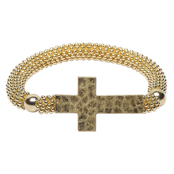 Bracelet, stretch, acrylic with gold-finished brass and "pewter" (zinc-based alloy), gold, 22mm wide with 36x22mm hammered cross, 6 inches. Sold individually. image number 0