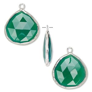 Drop, green onyx (dyed) and sterling silver, 20x20mm double-sided faceted teardrop. Sold per pkg of 2.