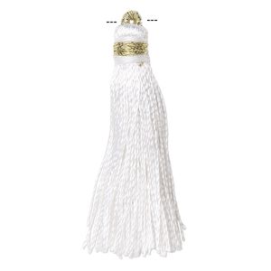 Tassel, silk (imitation) and gold-finished copper, white, 1-3/4 to 2 inches. Sold per pkg of 12.
