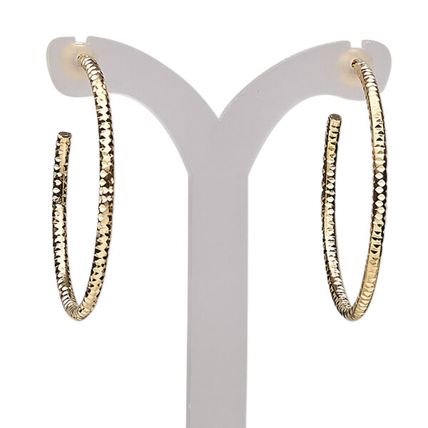 Earring, gold-plated brass, 32mm textured round hoop. Sold per pair. image number 0