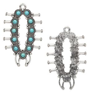 Focal, "turquoise" (resin) (imitation) and antique silver-finished "pewter" (zinc-based alloy), turquoise blue, 54x37mm single-sided miniature squash blossom necklace design. Sold individually.