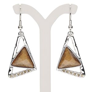 Earring, resin / glass rhinestone / imitation rhodium-plated brass / "pewter" (zinc-based alloy), brown and light brown, 2 inches with triangle and fishhook ear wire. Sold per pair.